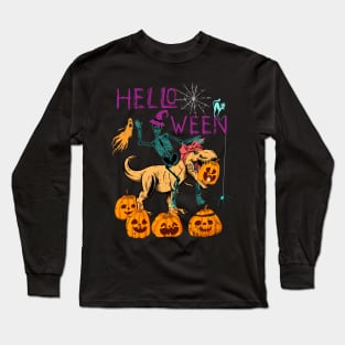 Skeleton Riding Dinosaur Messy Bun Halloween Long Sleeve T-Shirt